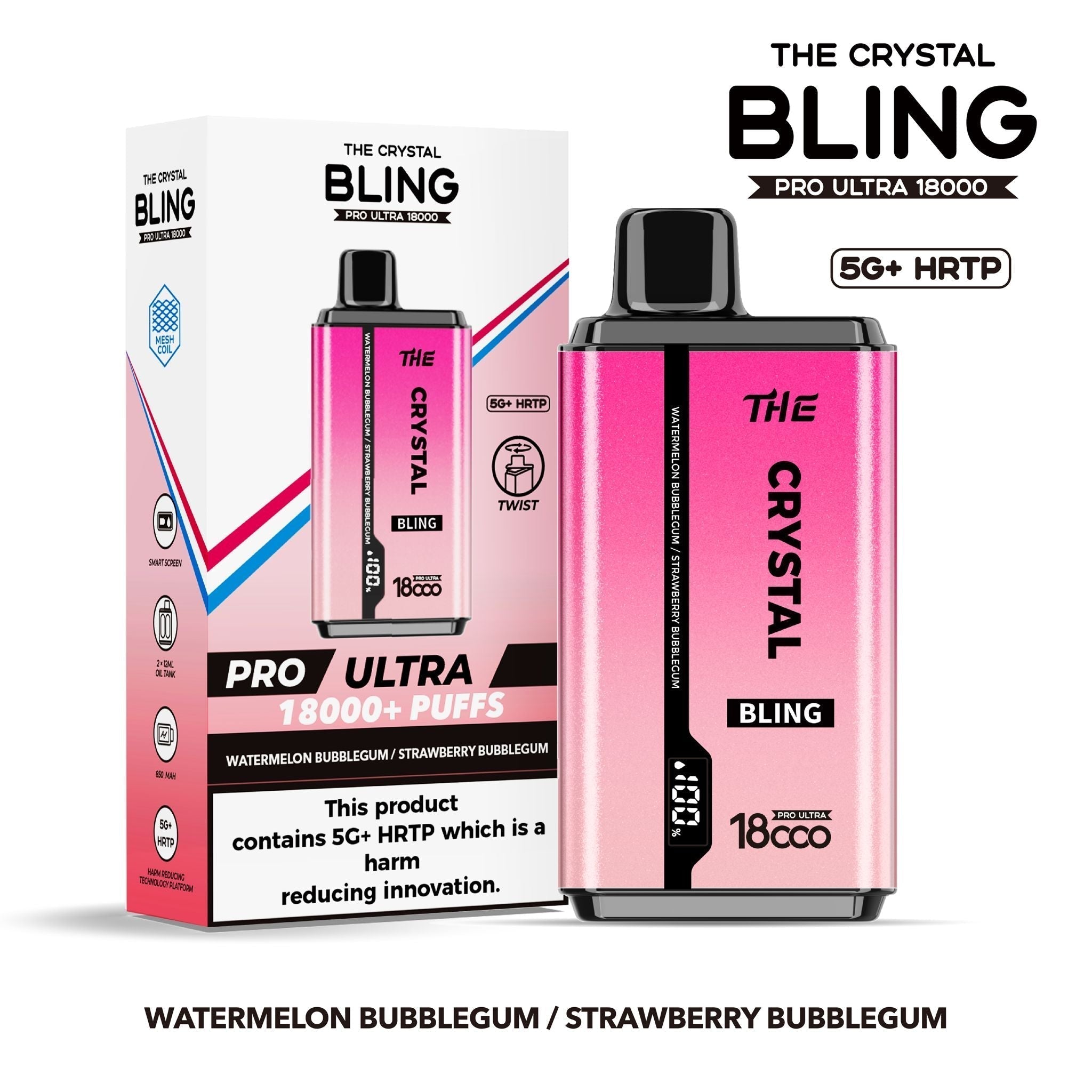 The Crystal Bling Pro Ultra 18000 Disposable Vape Box of 5 - Watermelon Bubblegum / Strawberry Bubblegum - vapeukwholesale